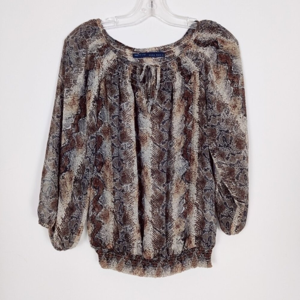 ZARA BASIC Snake Print Peasant Blouse Womens Size Large Mobwife